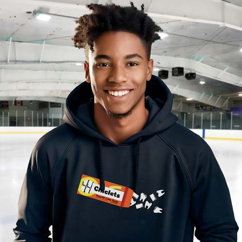 Young hockey player wearing a Spittin' Chiclets sweater